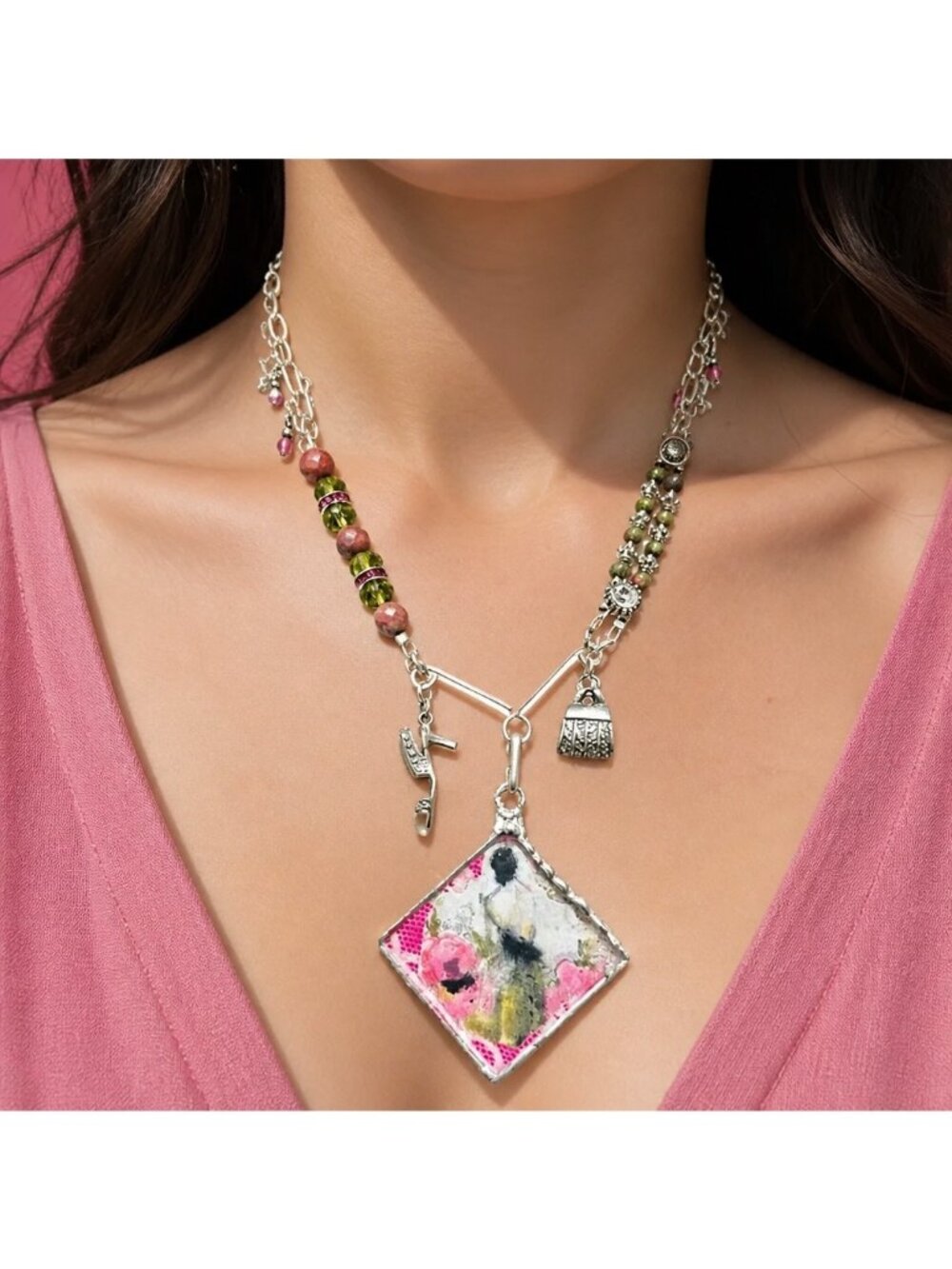 Parisian Muse Tiny Canvas Necklace with Unakite & Pink Jasper | Alma Antigua